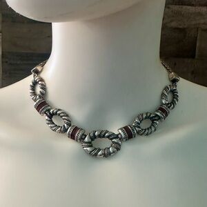 Brighton Vintage Brown Leather & Chunky Oval Link Statement Necklace 16”